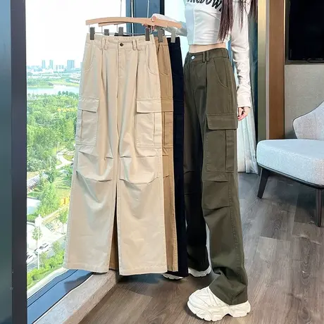 美式工装裤女春秋2024新款高腰显瘦宽松直筒小个子休闲阔腿运动裤图片