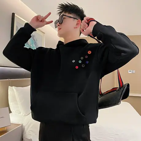 美式潮牌连帽卫衣男春季2024新款个性纽扣装饰设计感套头休闲上衣图片