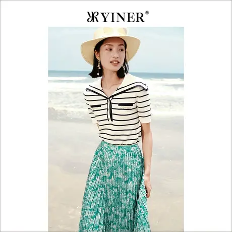 YINER音儿女装2022夏季条纹薄款针织衫海军领桑蚕丝上衣商品大图