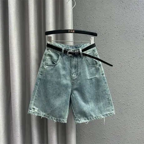 欧货割破设计感牛仔五分裤女2024春季新款复古高腰显瘦阔腿裤中裤商品大图