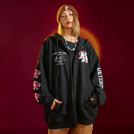 国潮潮流vibe新年红色虎头加绒开衫卫衣男潮牌ins冬季本命年帽衫商品大图