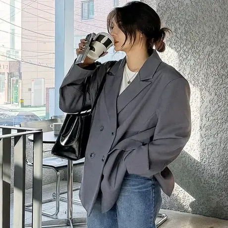 纯诗曼新款西装外套女韩版宽松休闲港风通勤显瘦春秋装灰色黑色图片