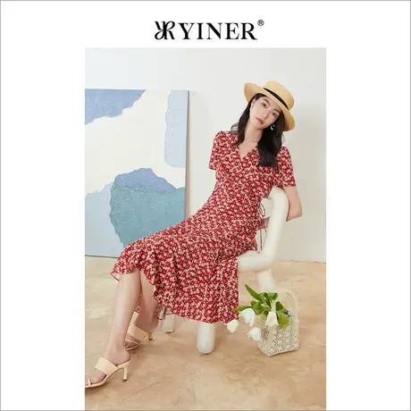 YINER音儿专选女装夏法式雪纺碎花V领茶歇连衣裙商品大图