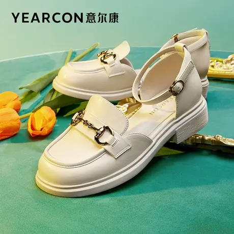 意尔康女鞋春夏季包头凉鞋复古外穿英伦风小皮鞋粗跟方头一字扣带商品大图
