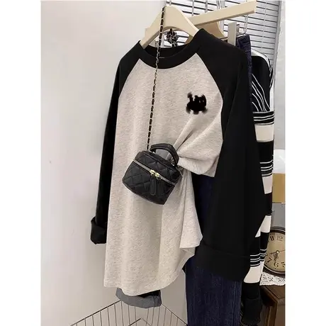 韩风复古长袖T恤女纯棉oversize大码内搭ins小众春季打底插肩上衣商品大图