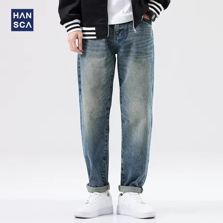 hansca男牛仔裤秋季新款直筒宽松复古美式潮流纯棉水洗大码长裤子商品大图