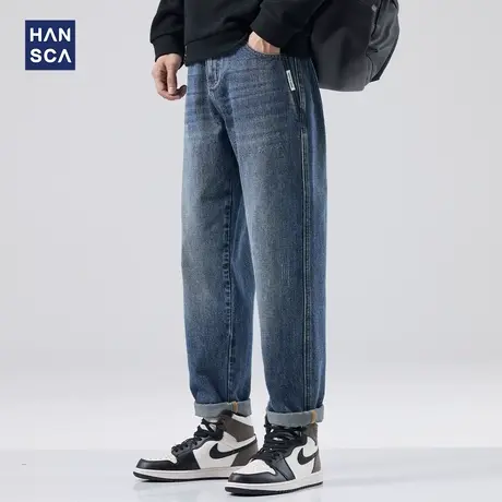 hansca秋季美式潮牌复古水洗牛仔裤男直筒宽松阔腿痞帅休闲长裤子商品大图