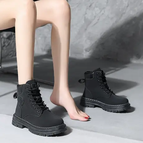 厚底马丁靴女2024新款春季黑色英伦风工装短靴磨砂皮鞋小个子中筒图片