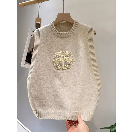 刺绣设计针织马甲女春季2024年宽松新款圆领内搭洋气马夹背心上衣商品大图
