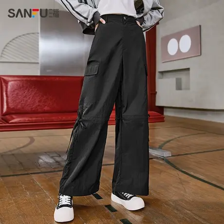 三福休闲裤2023秋蝴蝶结绑带可调抽绳宽松工装长裤女装475111图片