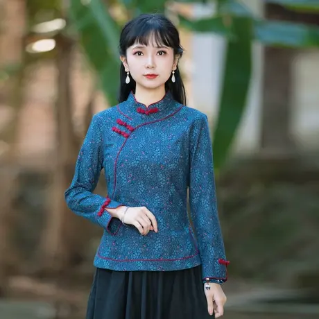 筠雅唐装女装中国风旗袍上衣2023年新款年轻盘扣佛系复古茶服外套商品大图