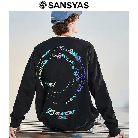 木村三社原创反光腰果花黑色圆领卫衣男潮潮流百搭宽松ins秋冬款图片