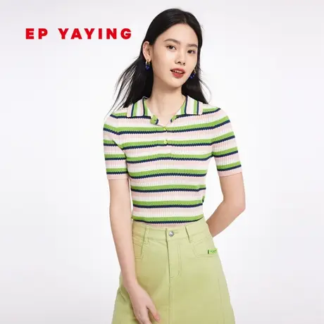 EP雅莹女装 简约条纹Polo领冰丝短袖针织衫 2023新款9911A商品大图
