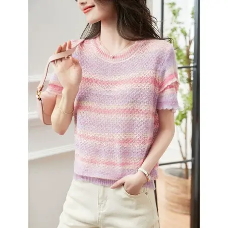 时尚气质短袖针织衫2023年夏季新款淑女温柔宽松显瘦圆领套头上衣商品大图