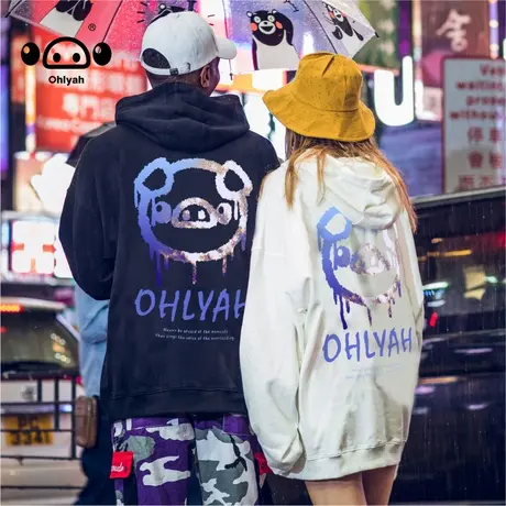 潮牌宽松印花简约秋季连帽套头纯棉卫衣女2022新款长袖潮流情侣装商品大图