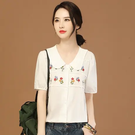 韩潮袭人娃娃领刺绣白色短袖衬衣2023夏季新款女士衬衫设计感小众商品大图
