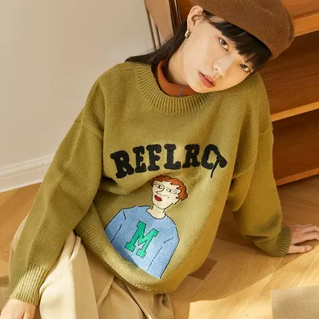 omont蛋挞家 复古毛巾绣套头毛衣女秋冬设计感宽松慵懒风针织上衣商品大图