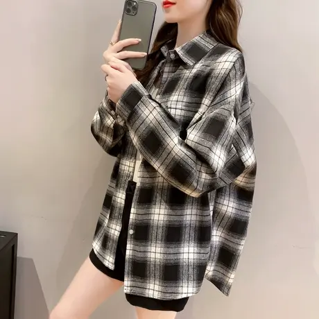 2023秋季新款韩版复古宽松格子衬衫女外穿洋气衬衣长袖休闲外套潮图片