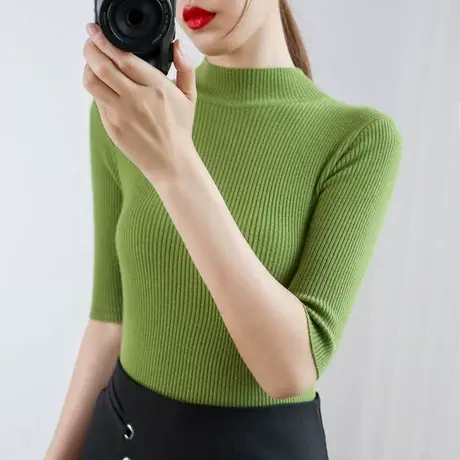 半高领毛衣短袖女秋装2022款女修身显瘦百搭针织打底衫五分袖上衣图片