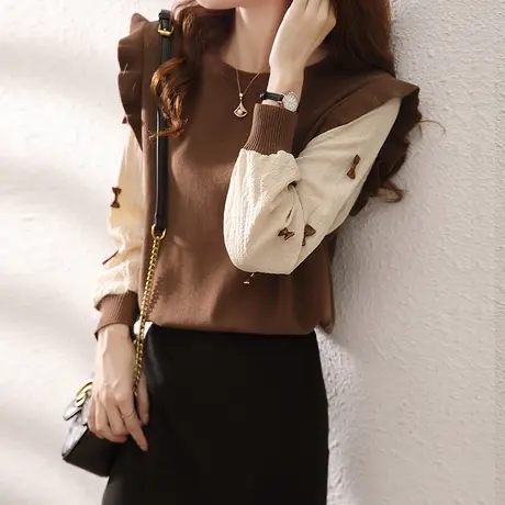 假两件针织衫毛衣女秋冬2023年新款短款时尚长袖拼接上衣洋气女装图片