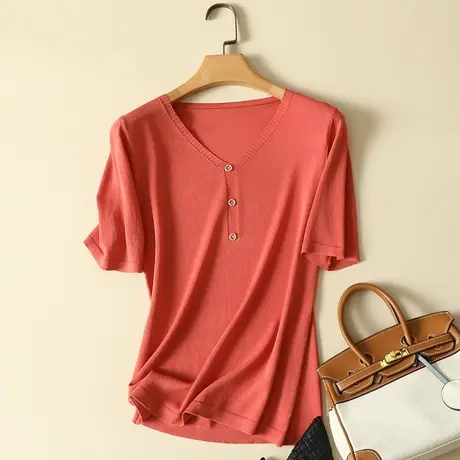 V领短袖冰丝针织衫t恤女夏季2023新款橘红色宽松显瘦打底上衣女薄商品大图