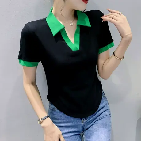 不规则弧形下摆t恤女短袖性感高腰上衣洋气欧货设计感拼色POLO衫商品大图