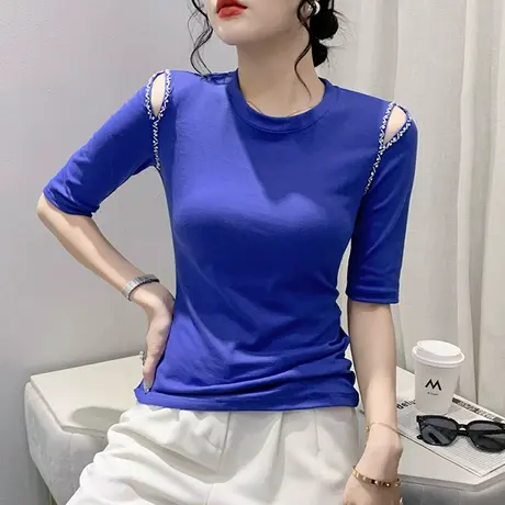 性感露肩T恤女五分袖欧货设计感小众网红上衣纯色百搭洋气小衫ins商品大图