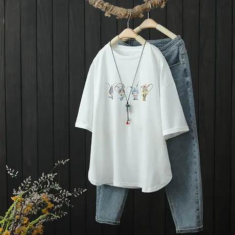 2022夏季新品文艺印花宽松大码短袖T恤女装圆领套头打底衫上衣t恤商品大图