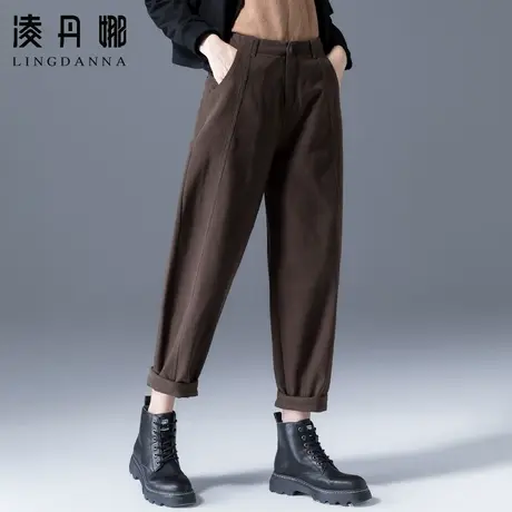 深咖色裤子女加绒灯笼裤2023新款秋冬九分裤休闲老爹咖啡色萝卜裤商品大图