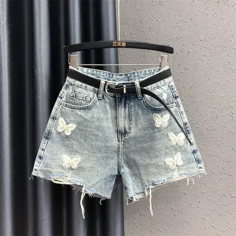 欧货时尚甜美蝴蝶贴布牛仔短裤女夏2023新款洋气毛边显瘦阔腿热裤商品大图