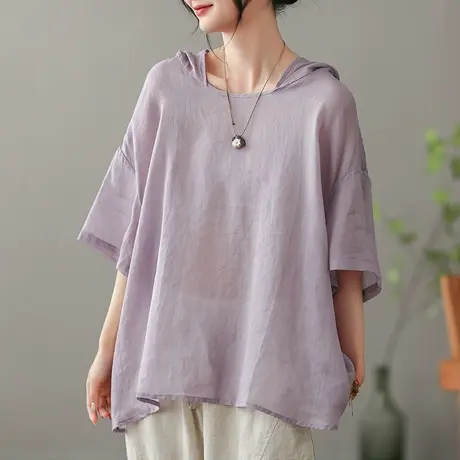 dza复古苎麻连帽T恤女2023夏季薄款短袖体恤宽松显瘦棉麻外搭上衣商品大图