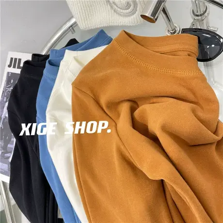 德绒明线设计感圆领打底衫女秋冬磨毛加厚百搭修身白色长袖T恤春图片