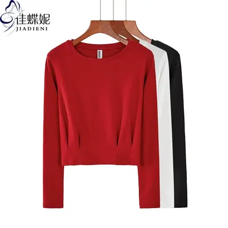 圆领长袖T恤女韩版短款修身秋冬季新款下摆打褶打底衫上衣女内搭商品大图