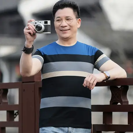 条纹短袖t恤男士爸爸夏季薄款中老年人半袖体恤polo衫圆领棉上衣商品大图