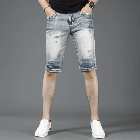 破洞牛仔短裤男五分裤夏季薄款2023新款修身弹力男士短裤中裤外穿商品大图