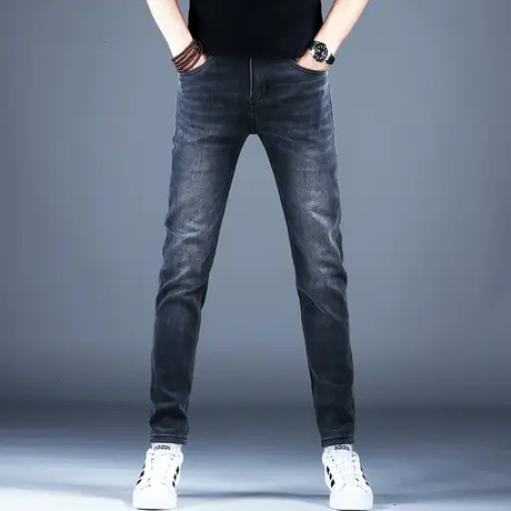 2023男士新款牛仔裤男灰色小脚修身裤子潮流百搭秋冬厚款潮牌休闲商品大图