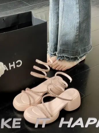 踩屎感蛇形缠绕水钻粗跟厚底凉鞋女款夏季日2023年新款女士设计感商品大图