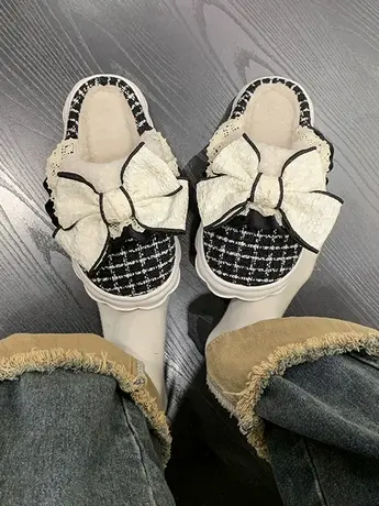 厚底蝴蝶结毛毛拖鞋女外穿2023秋冬季新款加绒保暖防滑包头棉拖鞋商品大图