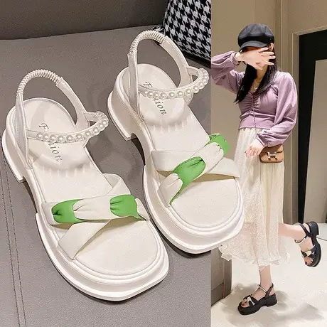 法式凉鞋女厚底百搭2023夏季新款网红时尚珍珠仙女风松紧带罗马鞋商品大图