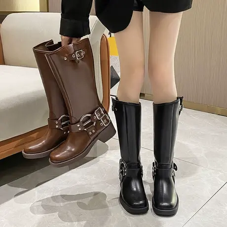 骑士靴女瘦瘦靴2023秋季新款粗跟显腿长皮带扣复古英伦风炸街长靴图片