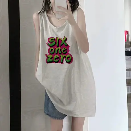 美式复古纯棉吊带运动坎肩背心无袖t恤女夏外穿宽松港风挂脖上衣商品大图