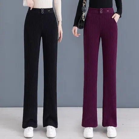 火龙果色雪尼尔阔腿裤女2023冬季新款高腰垂感条绒窄版直筒裤子女图片