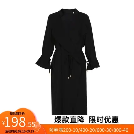 【艾格】2023春季新款女装简约单色袖口系带中长款休闲洋气风衣商品大图