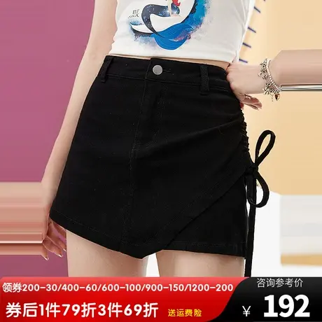 妖精的口袋黑色牛仔短裤女2023夏新款a字高腰超短裤显瘦辣妹热裤商品大图