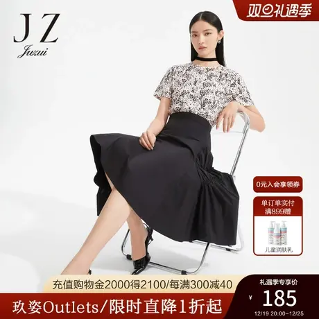 JZ玖姿优雅印花T恤女装2022夏季新款简约圆领轻松感棉氨单上衣薄商品大图