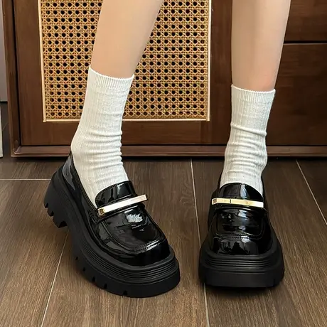 厚底乐福鞋女2024春秋新款复古英伦风黑色单鞋网红超火粗跟小皮鞋商品大图