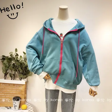 2020秋季外套韩国东大门净色拉链开衫外套连帽卫衣宽松大码休闲女商品大图