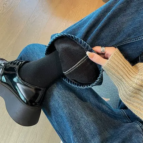 加绒阔腿牛仔裤女2023年秋冬新款高腰直筒宽松显瘦男友风拖地裤潮商品大图