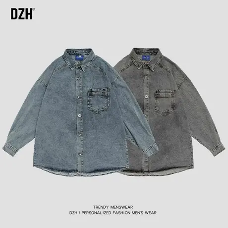 男士休闲牛仔衬衫男长袖高级感秋季纯棉上衣翻领衬衣外套2023新款商品大图