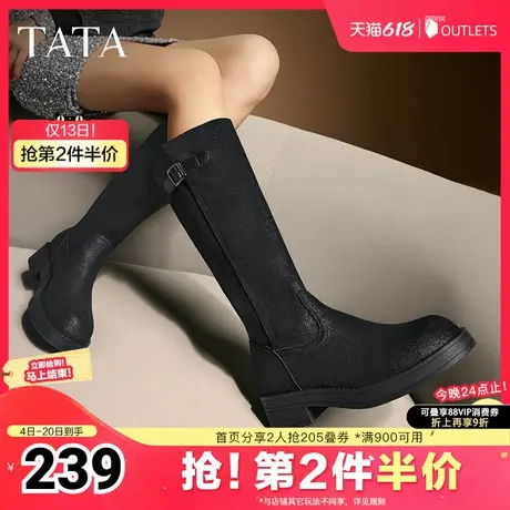 TATA他她复古黑色长筒靴靴子女粗跟西部靴骑士靴冬新CY601DG4图片